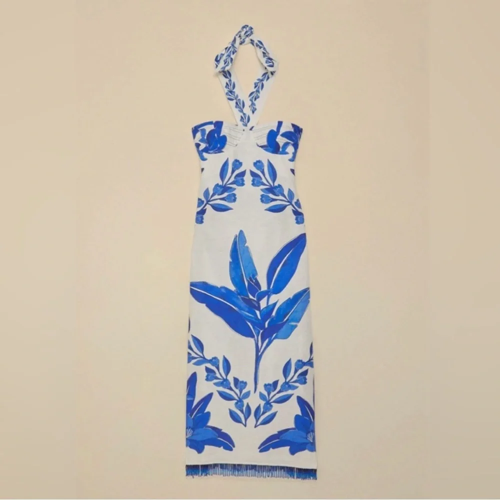 FARM Rio White Maxi Dress w/Bold Blue Floral Print Medium Like NEW! 100% Linen. - Picture 7 of 15